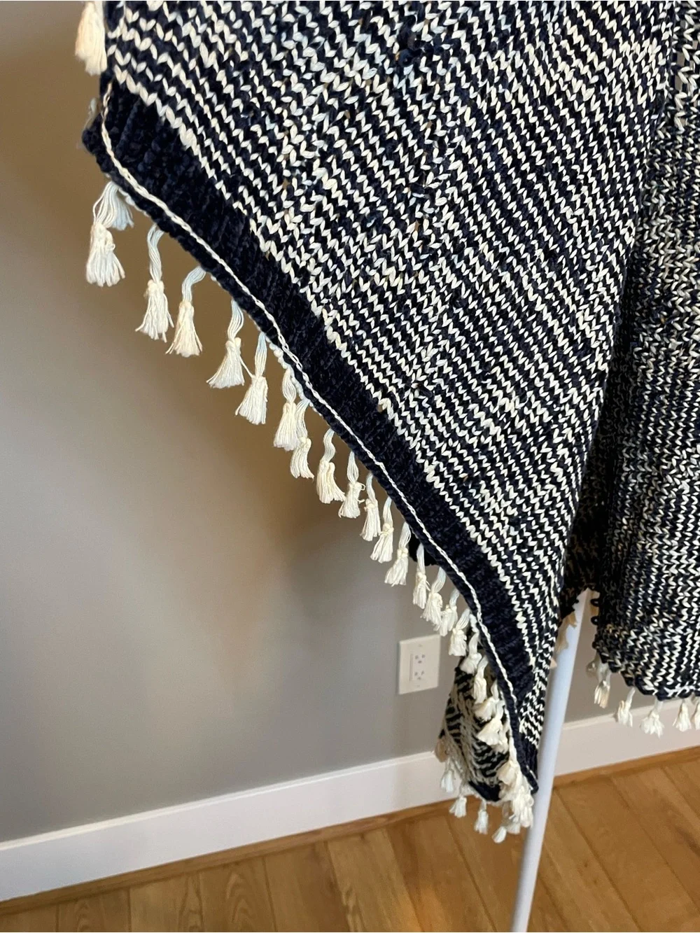 VICI Black and White Knit Open-Front Cardigan with Tassel Hem